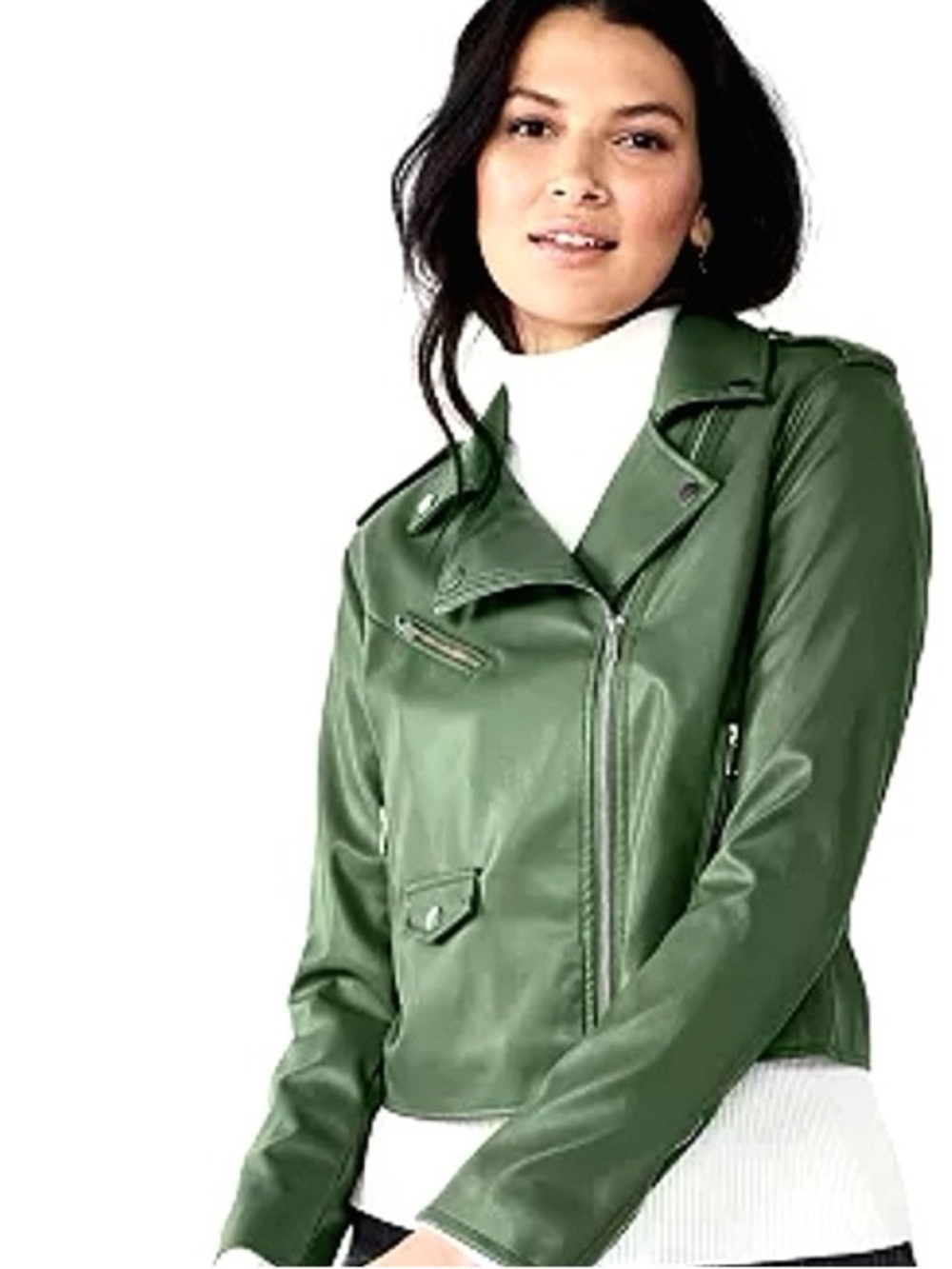 Nine West Olive Green Faux Leather Moto Jacket